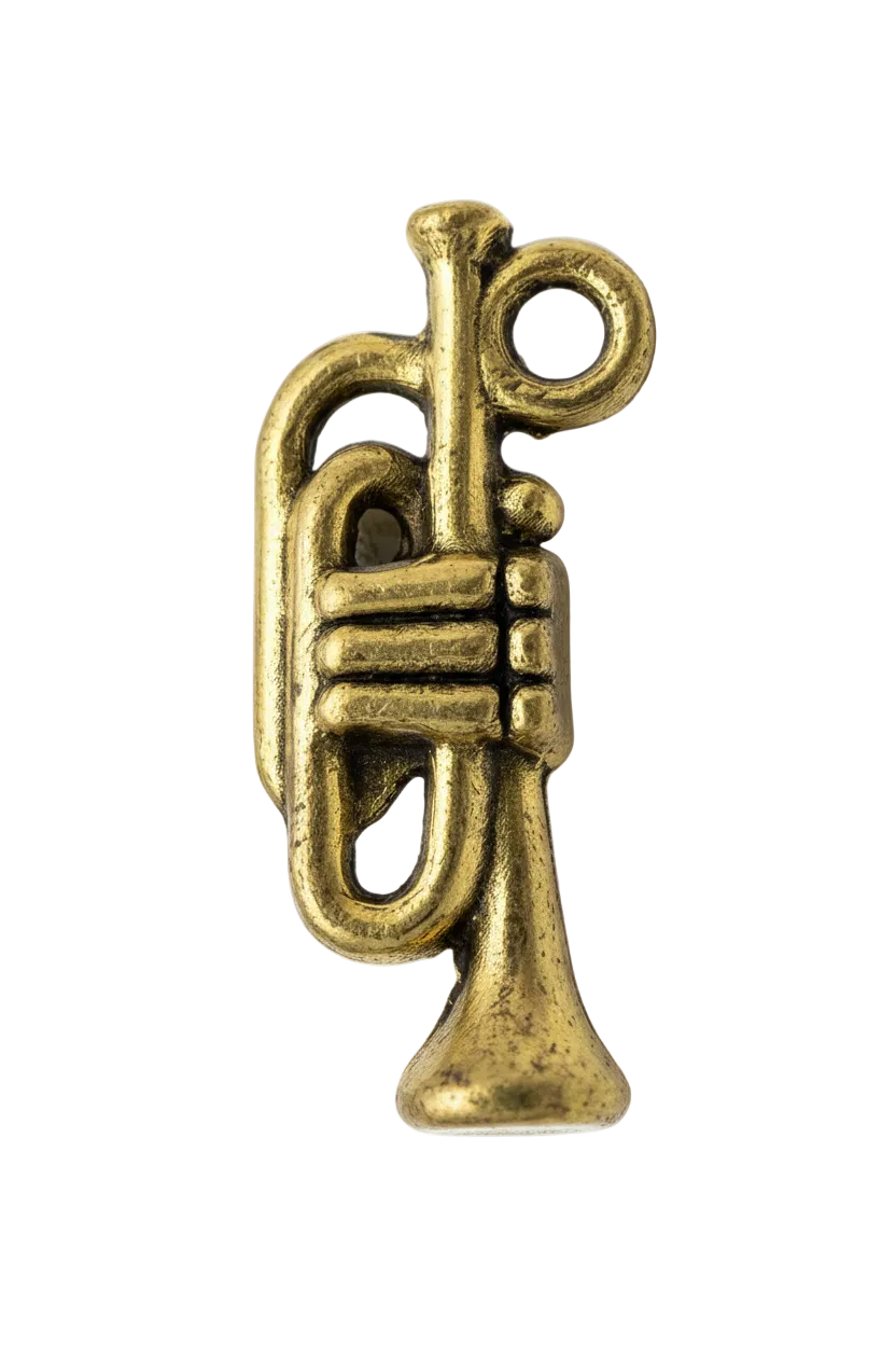 Antique-finish gold trumpet charm with detailed valves on black background