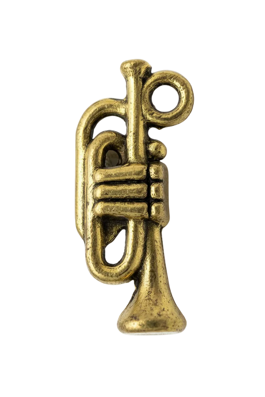 Antique-finish gold trumpet charm with detailed valves on black background