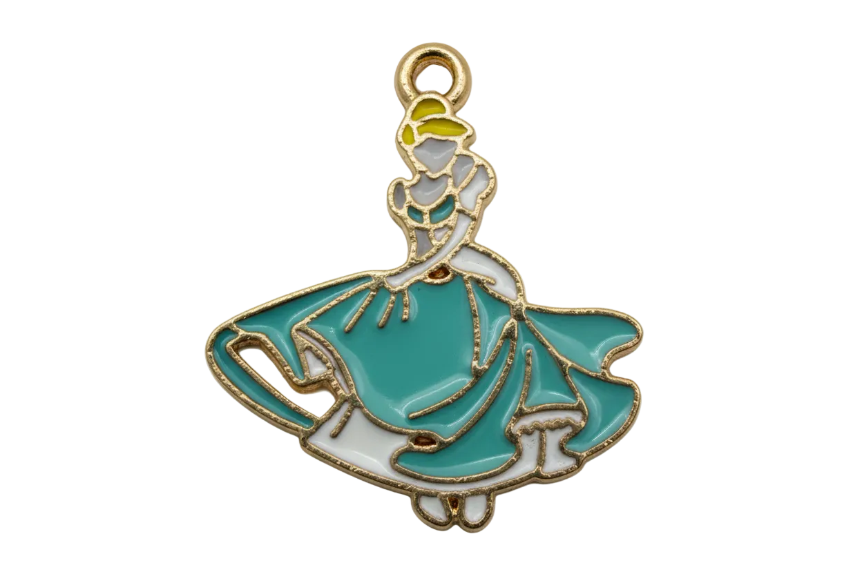 Gold-tone enamel princess figure with teal gown, white details, and blonde hair