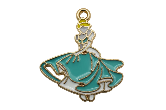 Gold-tone enamel princess figure with teal gown, white details, and blonde hair