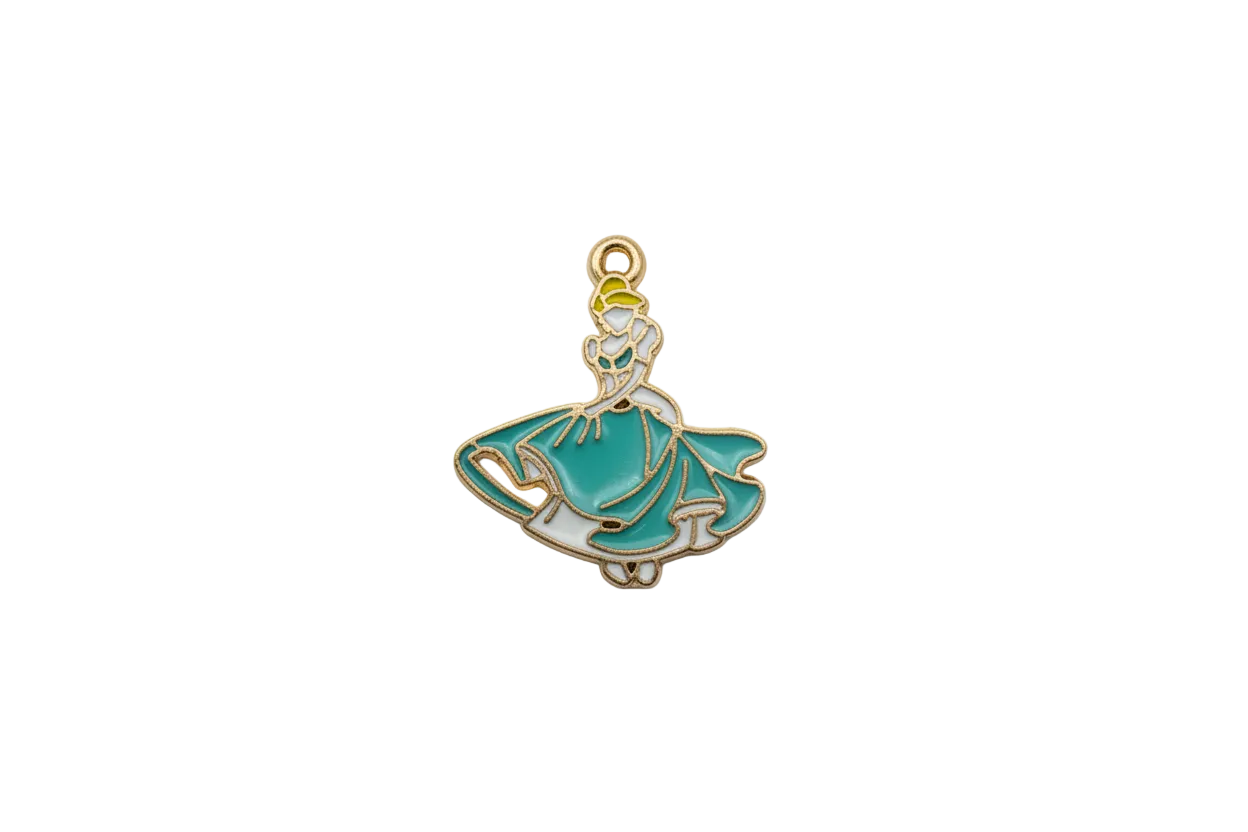 Enamel princess figure in teal gown with gold outlining