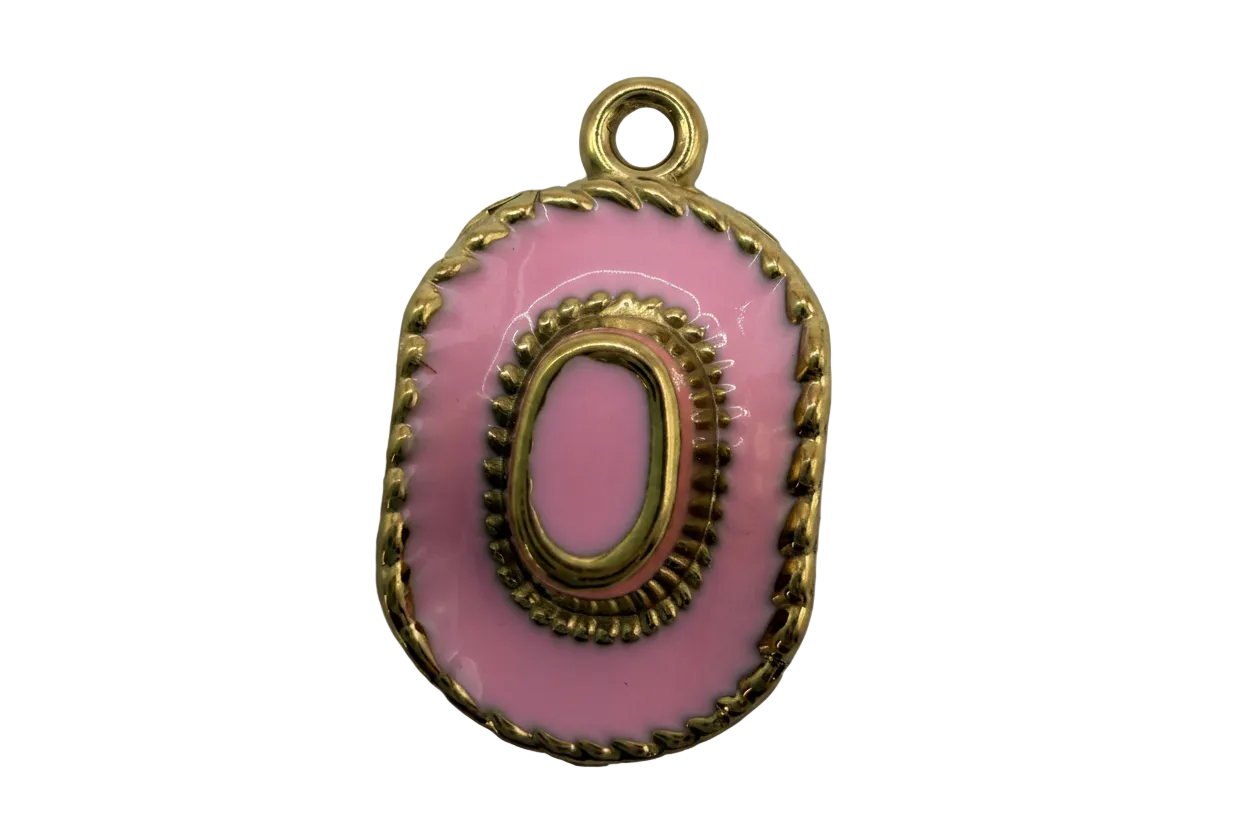 Pink enamel oval initial O medallion with textured gold border