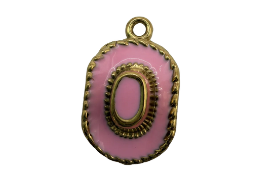 Pink enamel oval initial O medallion with textured gold border