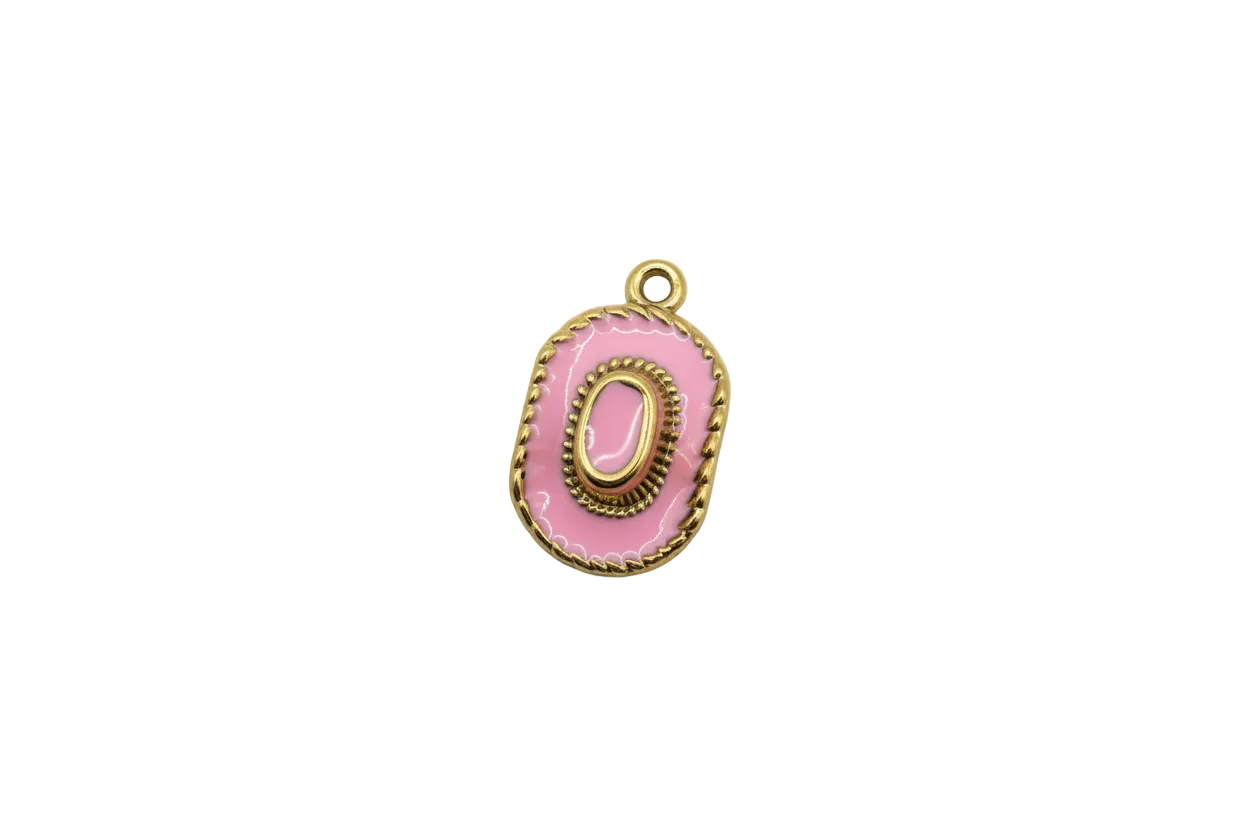 Pink enamel oval initial O medallion in gold