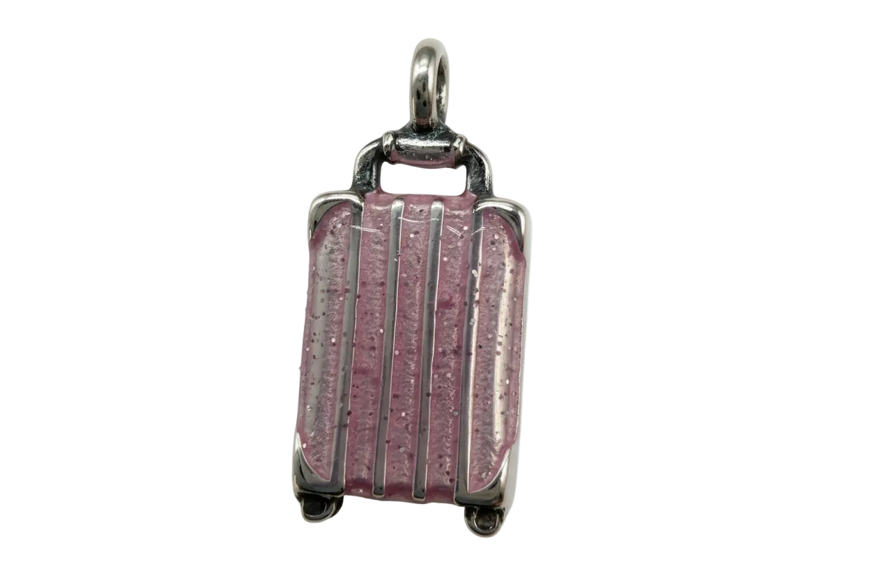 Translucent glitter pink suitcase charm with silver-tone detailing