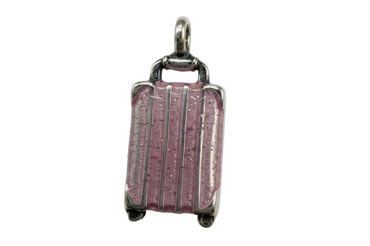 Translucent glitter pink suitcase charm with silver-tone detailing