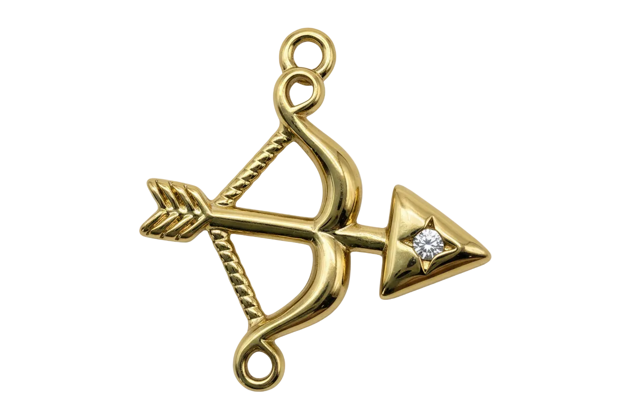 Gold bow and arrow charm with a clear gemstone accent on the arrowhead