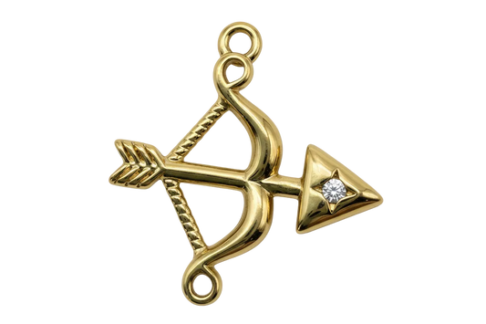 Gold bow and arrow charm with a clear gemstone accent on the arrowhead