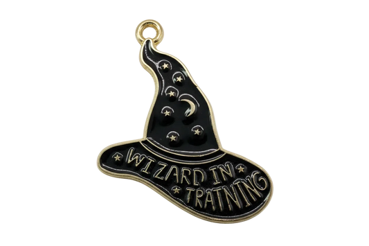 Black enamel witch hat plaque with gold outline, stars, crescent moon, and “Wizard in Training” text