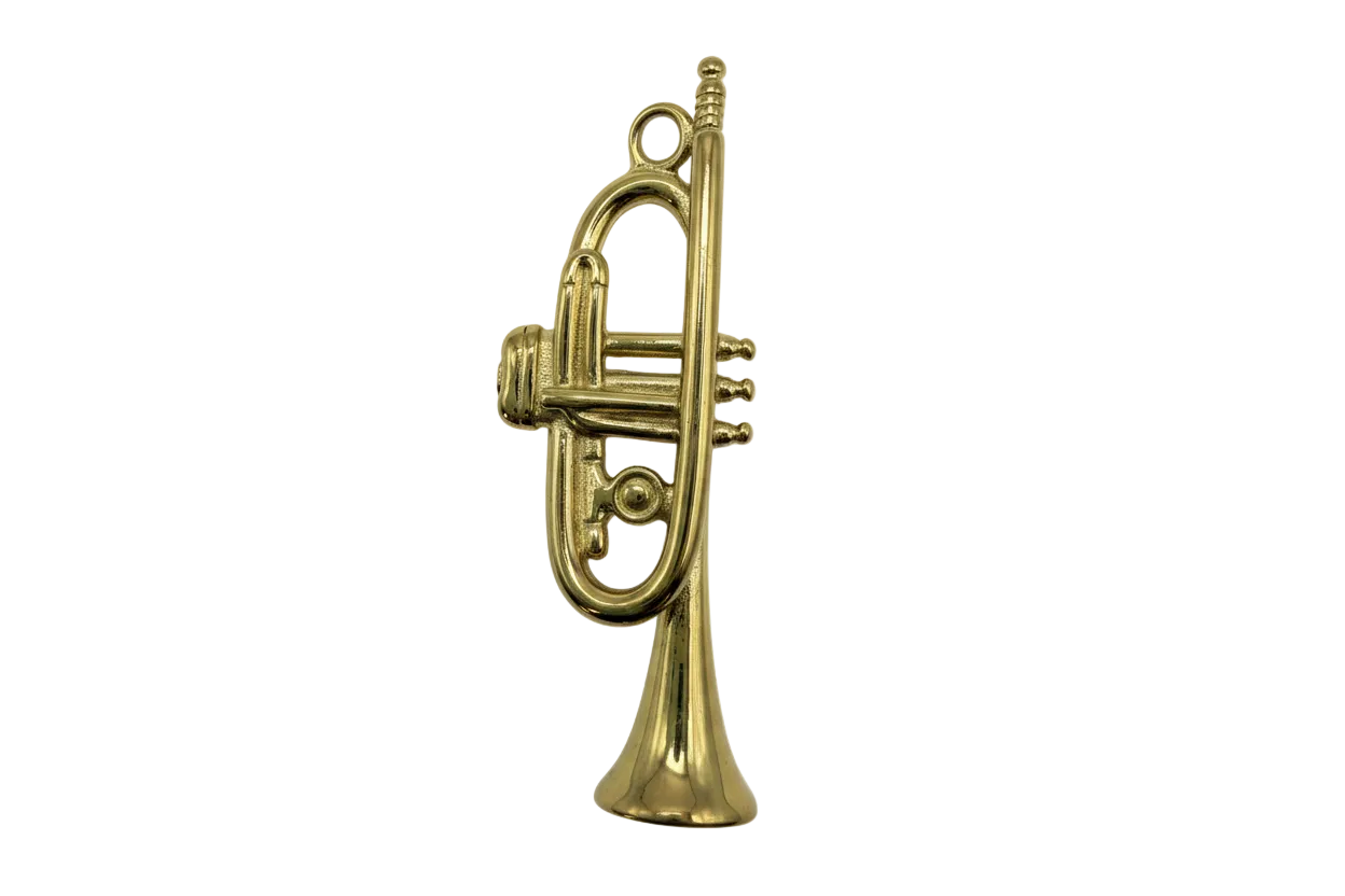 Polished gold trumpet charm with raised tubing and flared bell