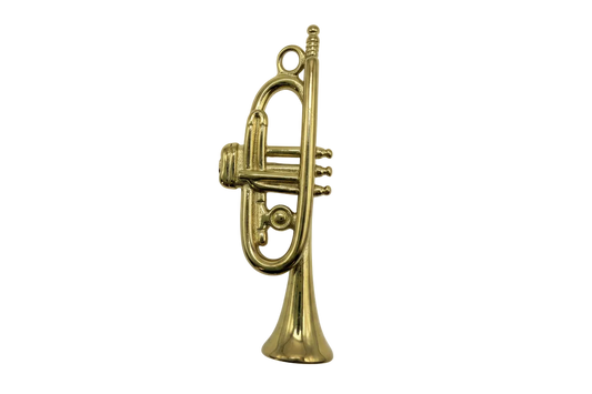 Polished gold trumpet charm with raised tubing and flared bell