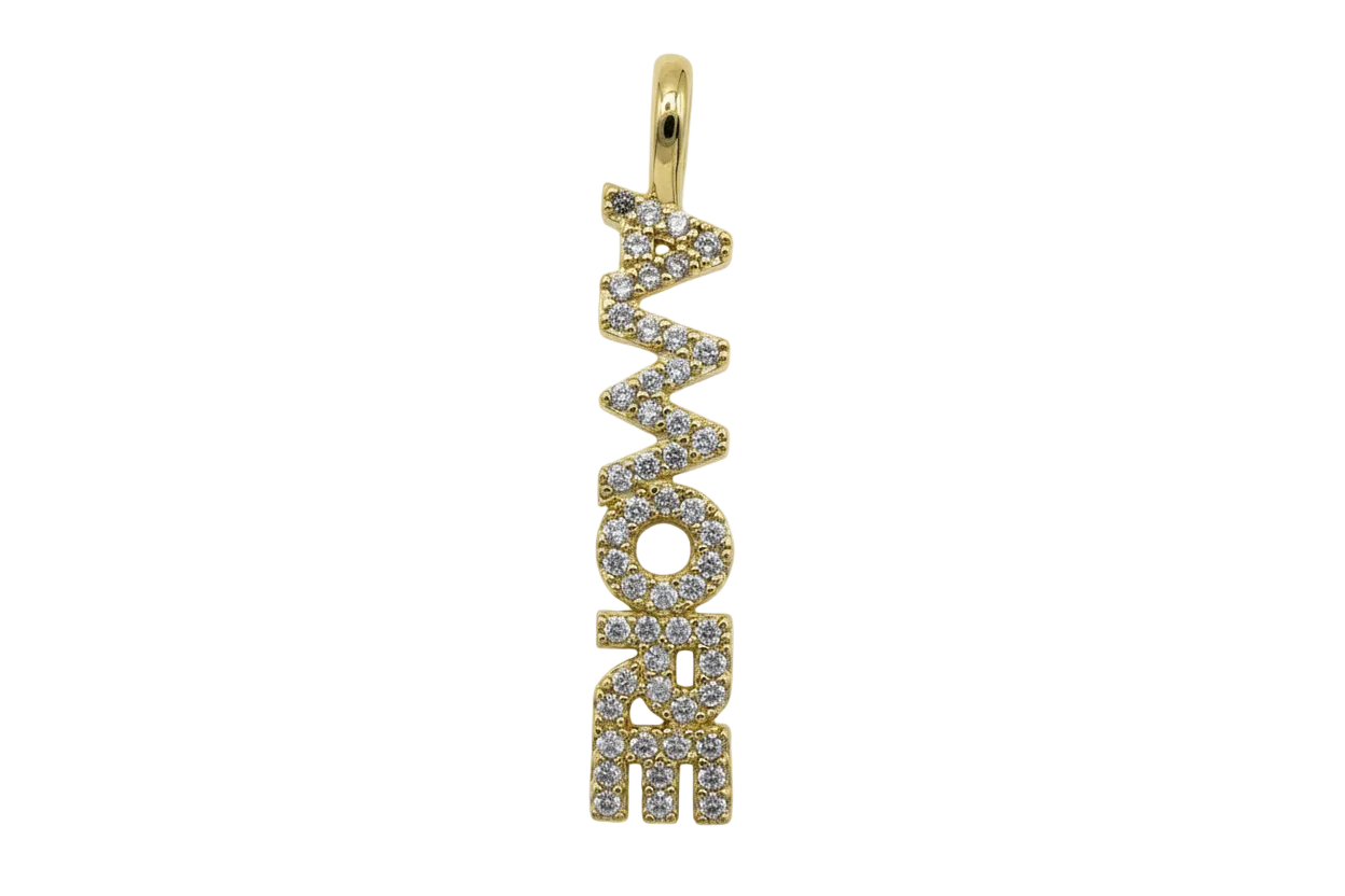 Gold pavé LOVE word charm with clear crystal stones, vertical silhouette