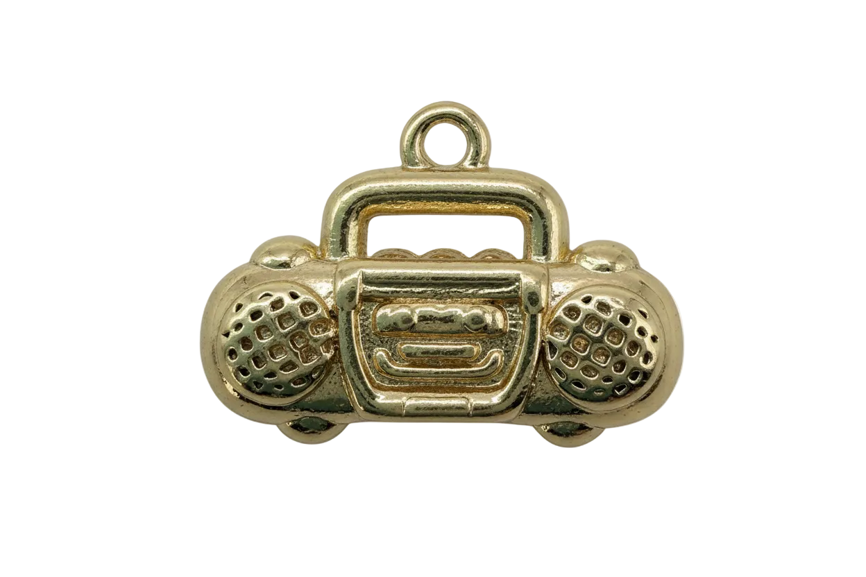 Polished gold boombox charm with textured speaker grills