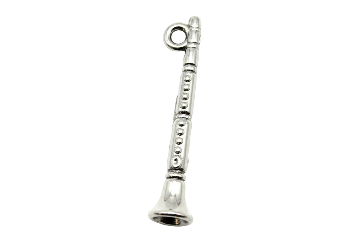Polished silver clarinet charm with raised key details