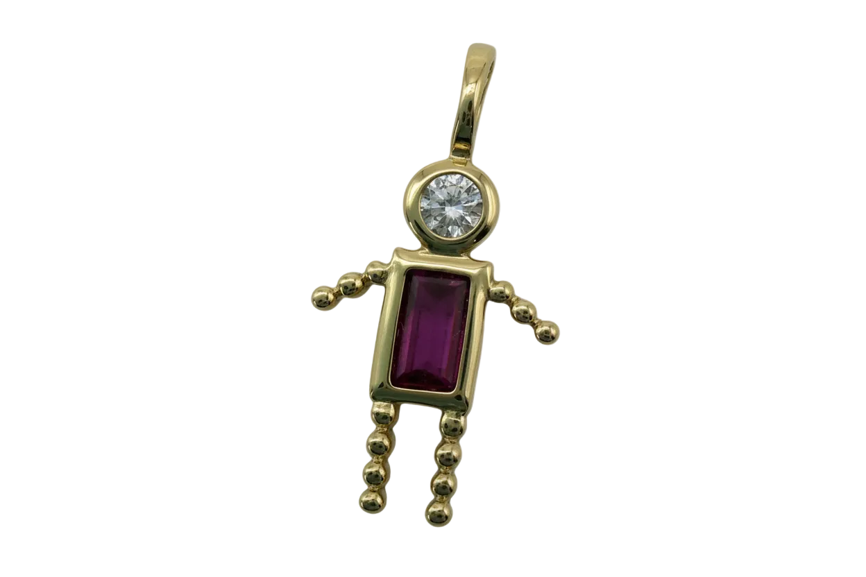 Polished gold robot figure with clear round gem head and deep purple rectangular gem body