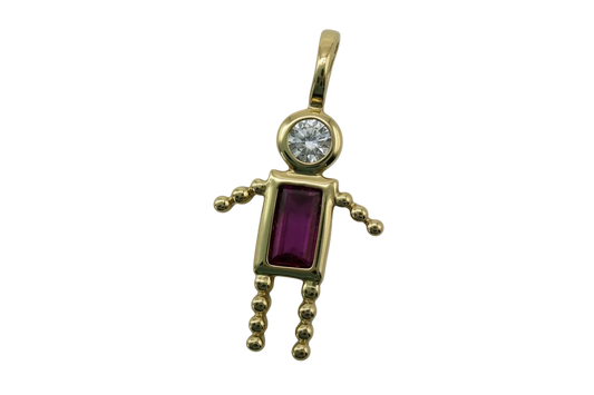 Polished gold robot figure with clear round gem head and deep purple rectangular gem body