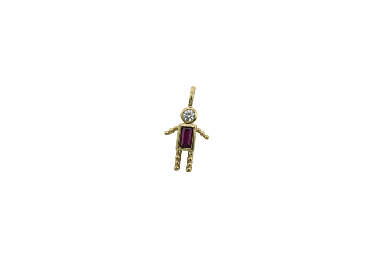 Gold robot figure with clear gem head and purple gem body