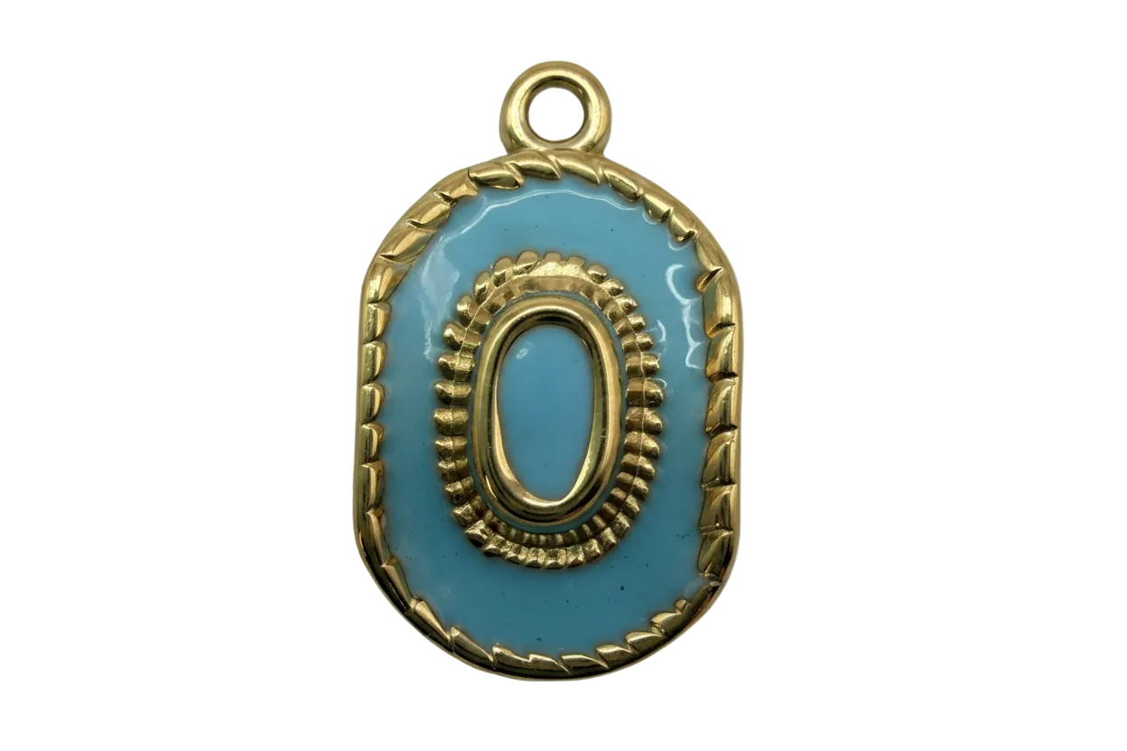 Powder-blue enamel oval plaque with raised gold letter O and braided border