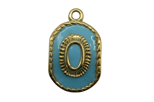 Powder-blue enamel oval plaque with raised gold letter O and braided border