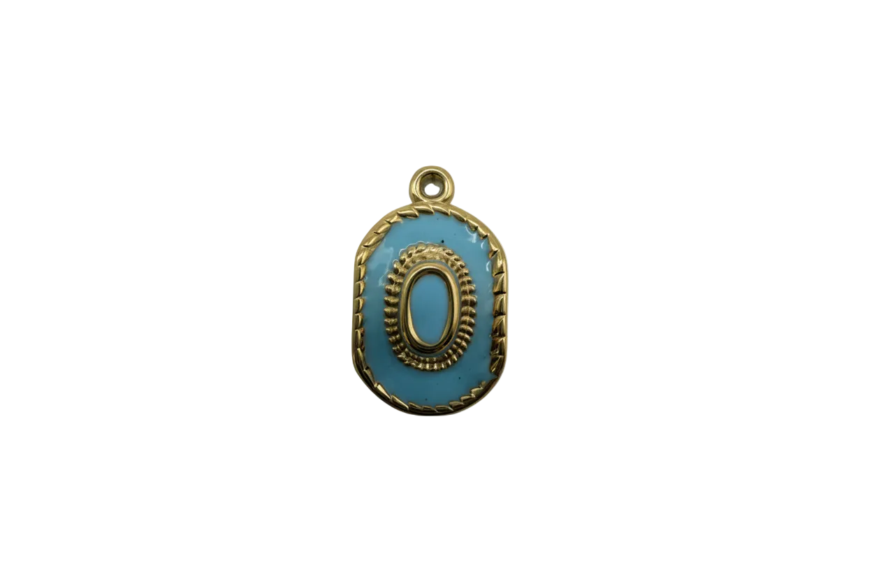 Blue enamel oval with raised gold letter O