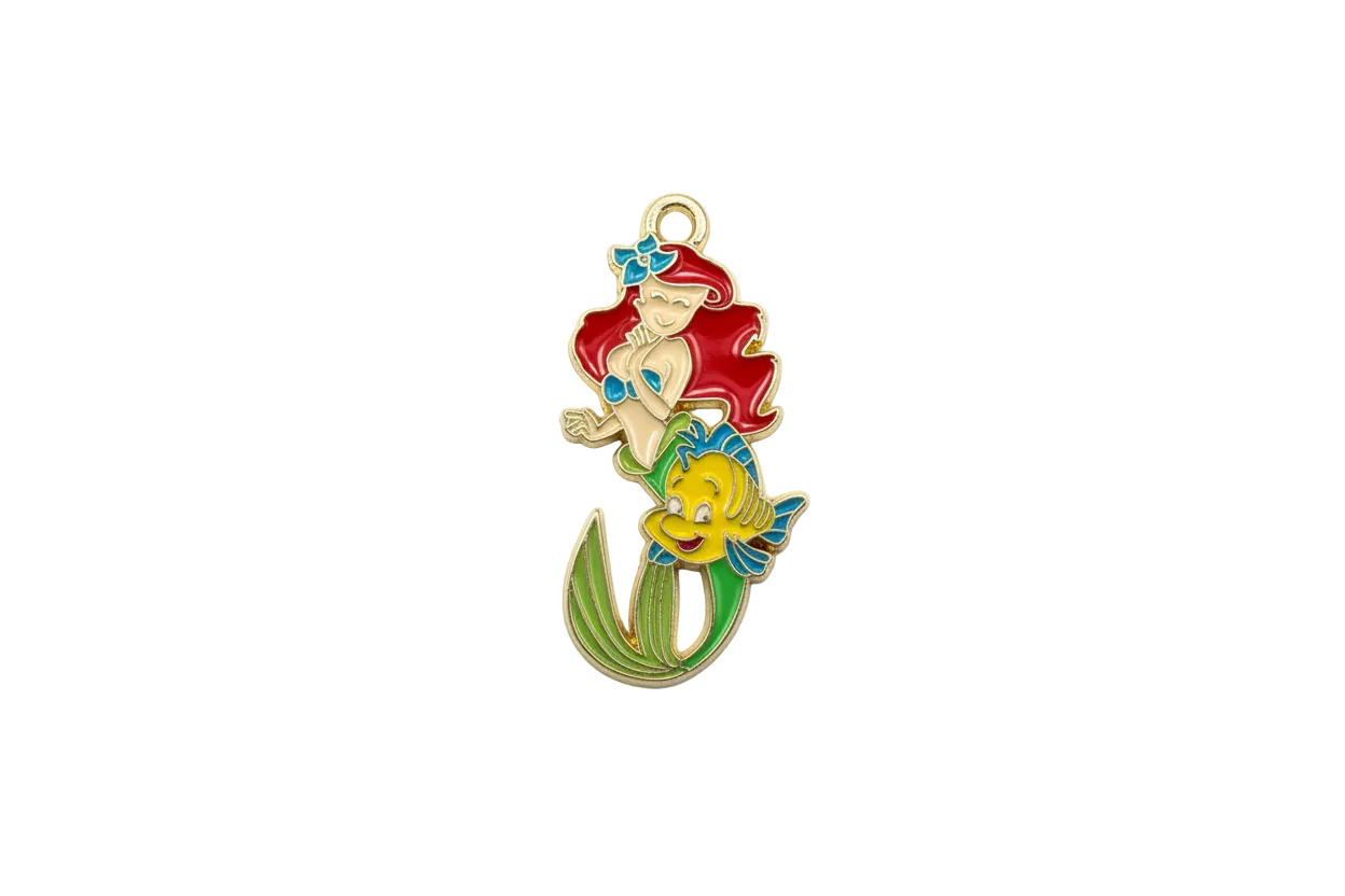 Enamel mermaid with red hair and yellow fish, gold outline