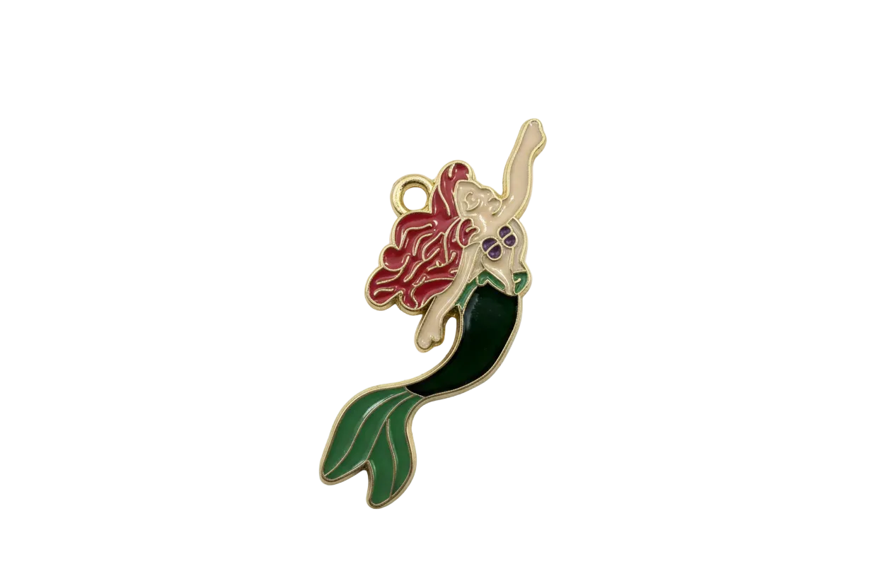 Enamel mermaid with red hair and green tail, gold outline