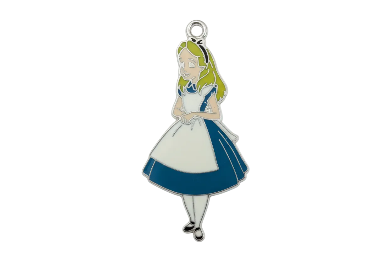 Silver-tone enamel storybook girl figure with blonde hair, navy dress, and white apron