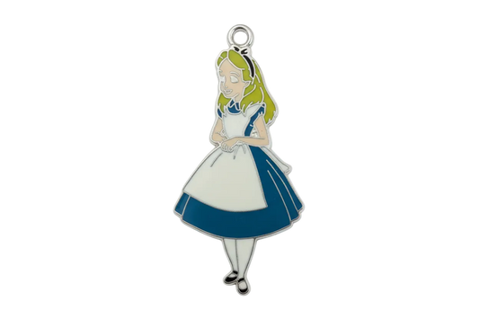Silver-tone enamel storybook girl figure with blonde hair, navy dress, and white apron