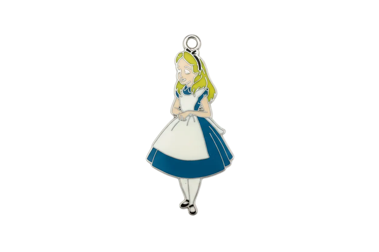 Enamel storybook girl figure in navy and white with blonde hair
