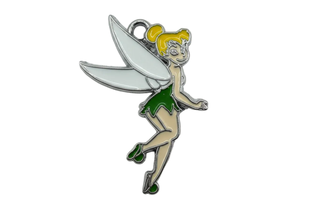 Glossy enamel winged fairy figure in green dress with white wings and silver finish