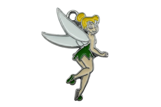 Glossy enamel winged fairy figure in green dress with white wings and silver finish