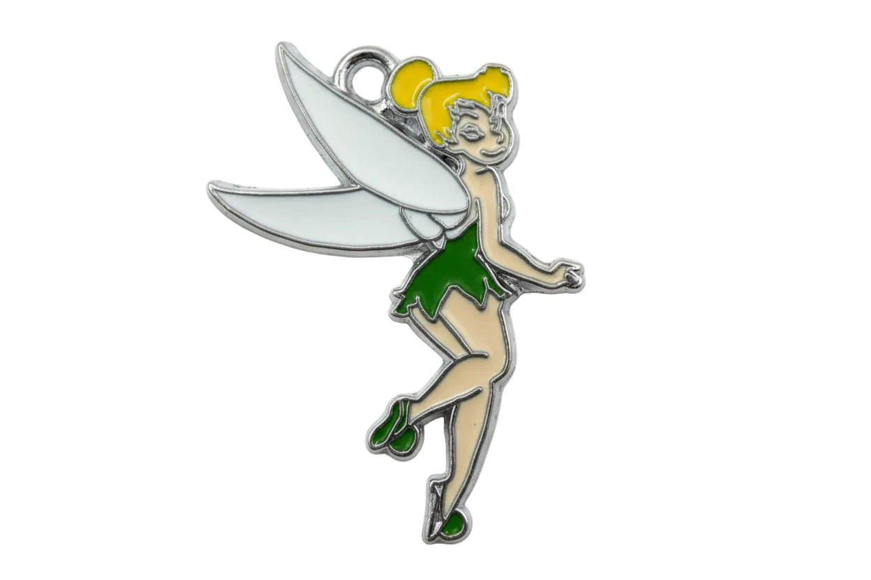 Enamel flying pixie fairy with white wings, green dress, and blonde hair in silver-tone metal