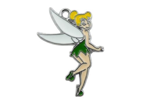 Enamel flying pixie fairy with white wings, green dress, and blonde hair in silver-tone metal