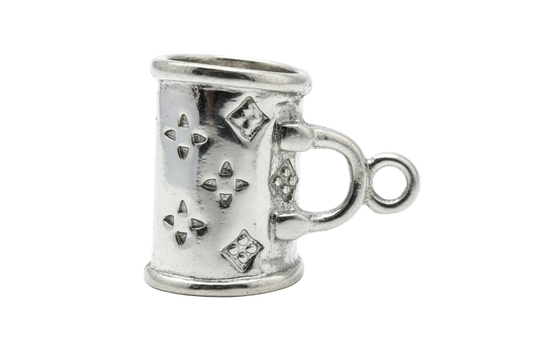 Polished silver-toned tankard mug charm with handle, studded band, and engraved diamond details