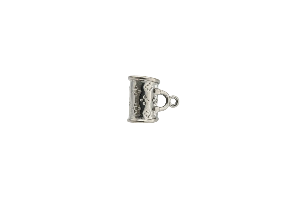 Silver tankard mug with handle, studded band, and engraved details