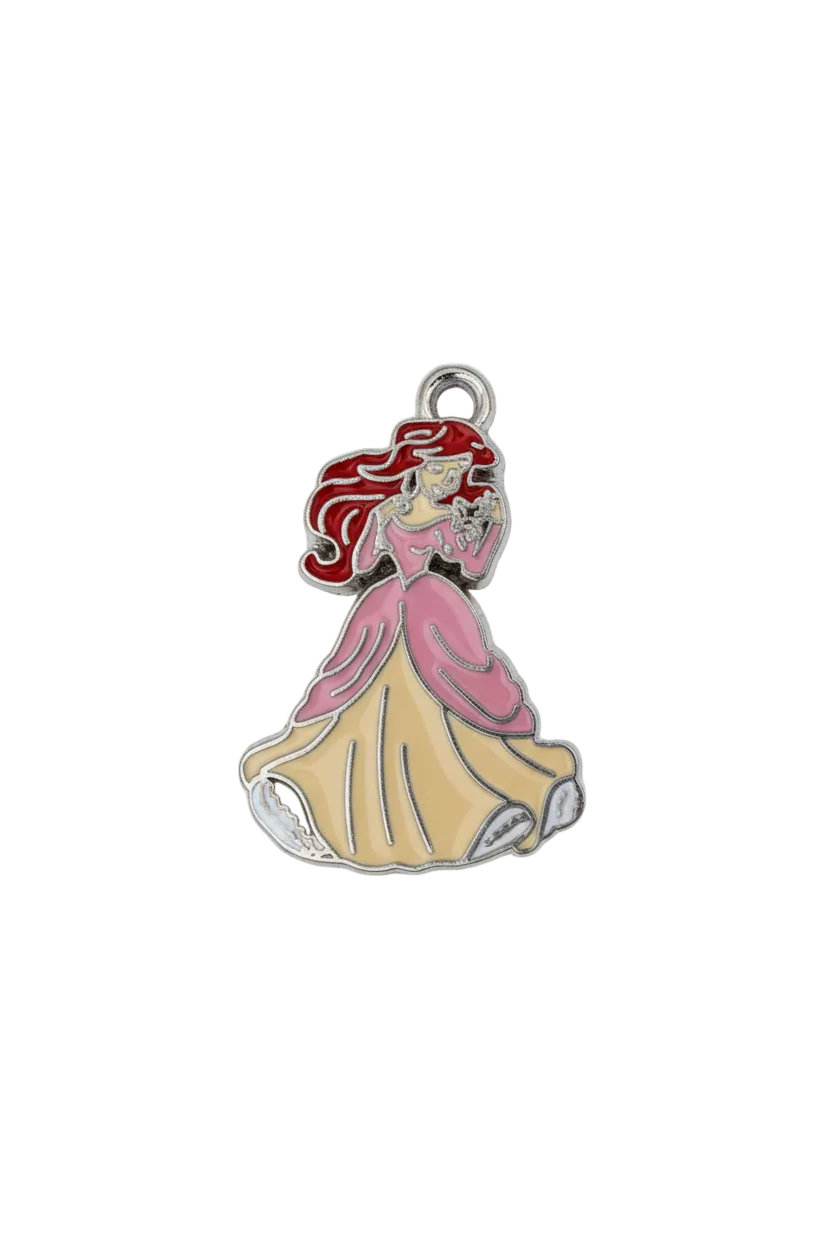 Enamel mermaid with red hair and pink fin details, silver outline