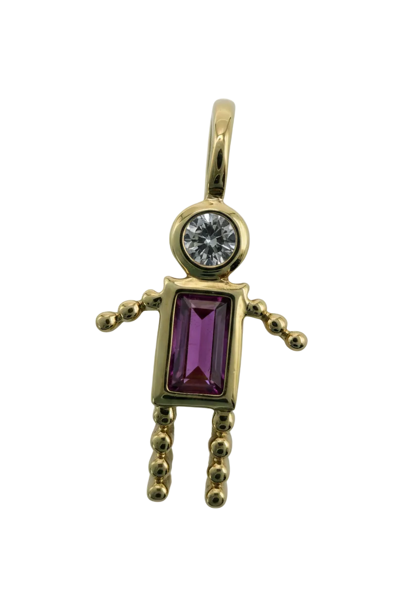 Gold key silhouette with rectangular purple gem and round clear gem on a black background