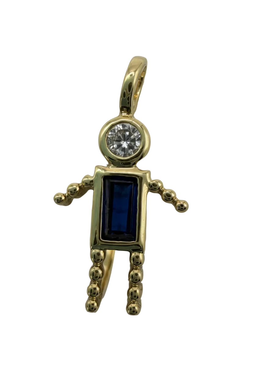 Gold sword charm with sapphire-blue baguette stone and round clear crystal