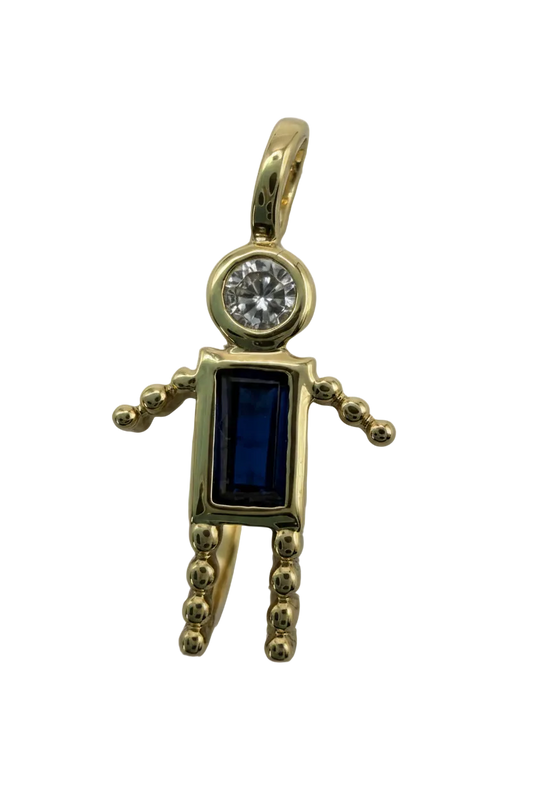Gold sword charm with sapphire-blue baguette stone and round clear crystal