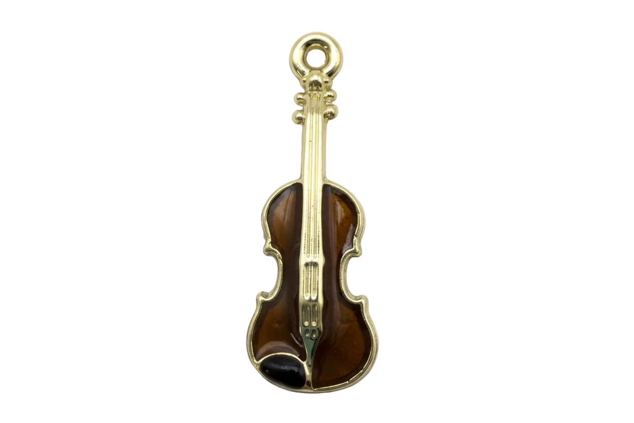Brown violin silhouette with glossy enamel and gold outline on black background