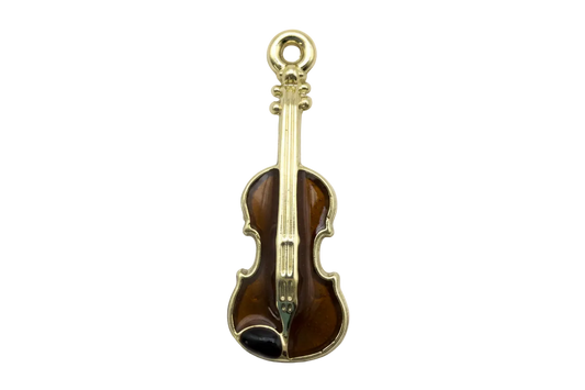 Brown violin silhouette with glossy enamel and gold outline on black background