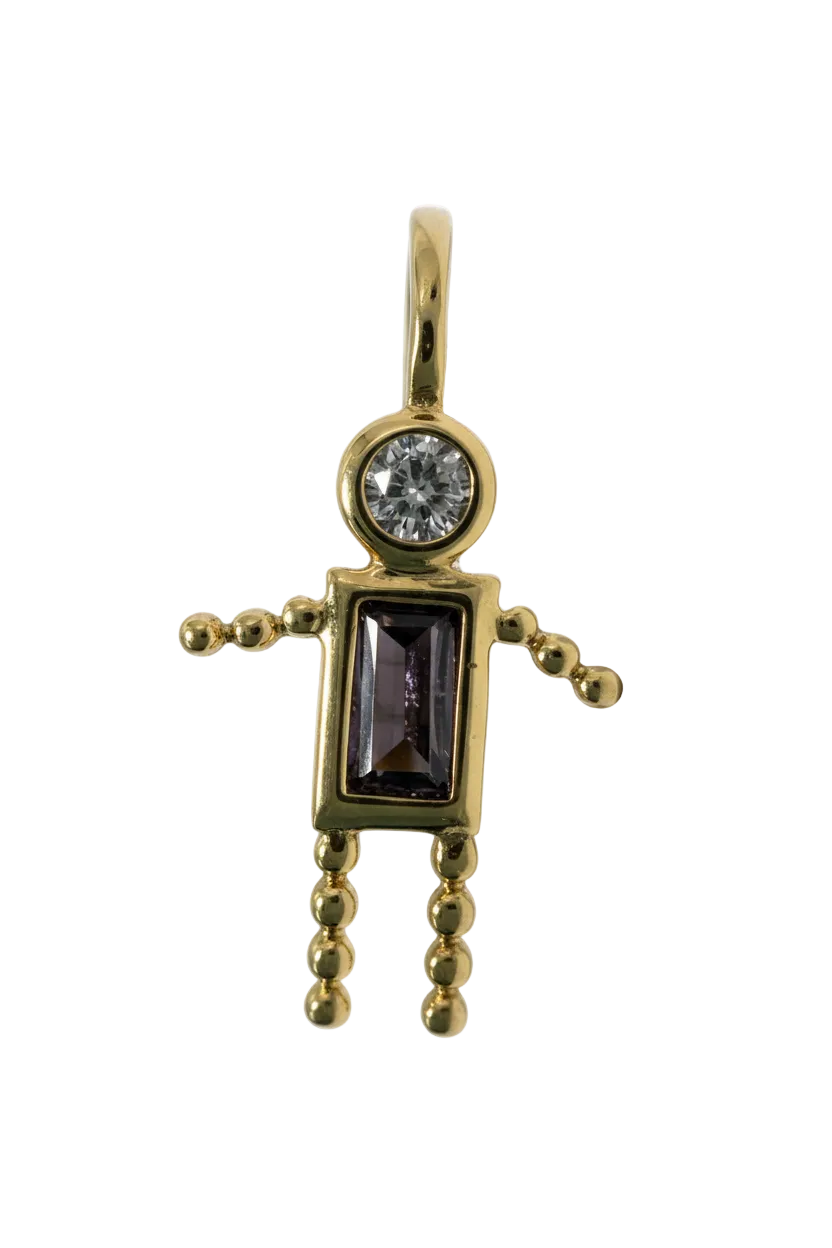 Polished gold key charm with a rectangular purple stone and a round clear crystal accent