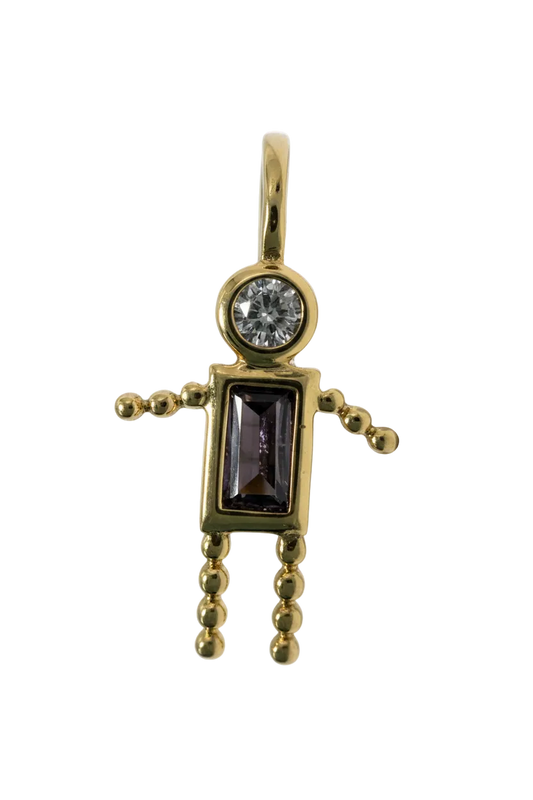 Polished gold key charm with a rectangular purple stone and a round clear crystal accent