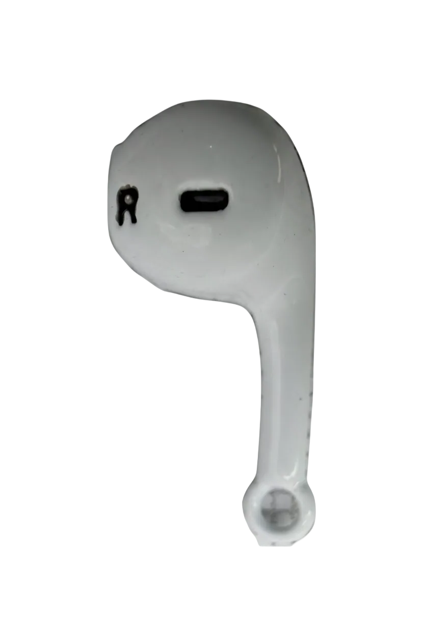 Glossy white wireless earbud charm with black detail accents