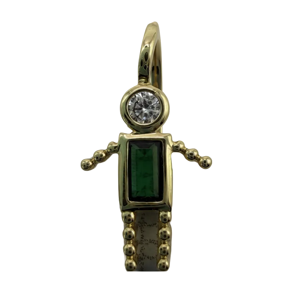 Gold sword charm with emerald-green rectangular stone and round clear gem, beaded details and creamy marbled inlay