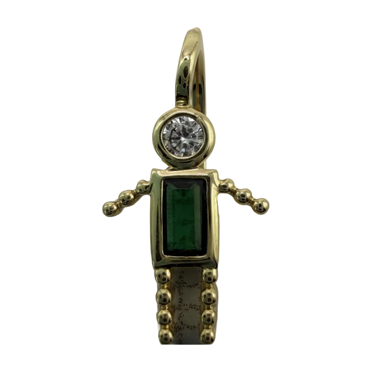 Gold sword charm with emerald-green rectangular stone and round clear gem, beaded details and creamy marbled inlay