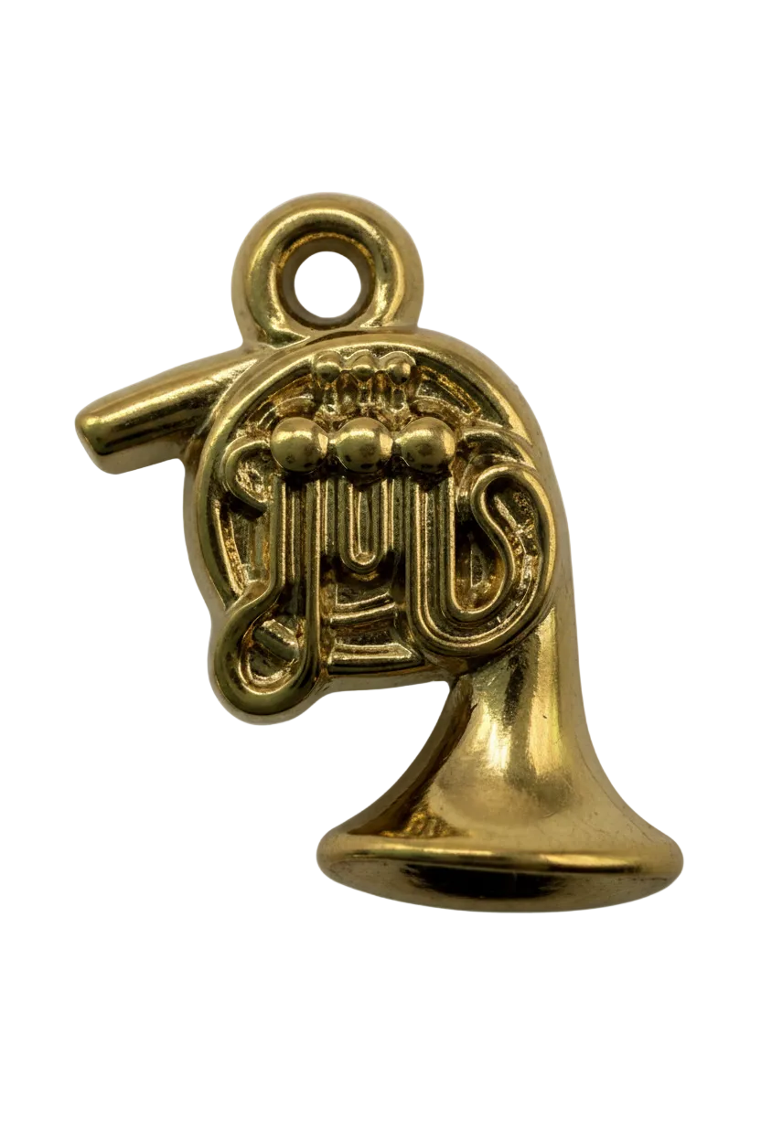 Polished gold French horn charm with detailed coils and flared bell