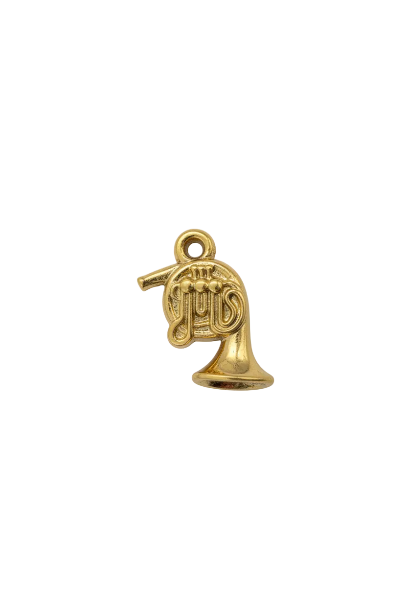 Polished gold French horn with detailed coils and flared bell