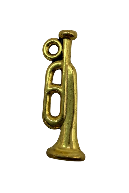 Gold trumpet silhouette charm with a softly antiqued finish