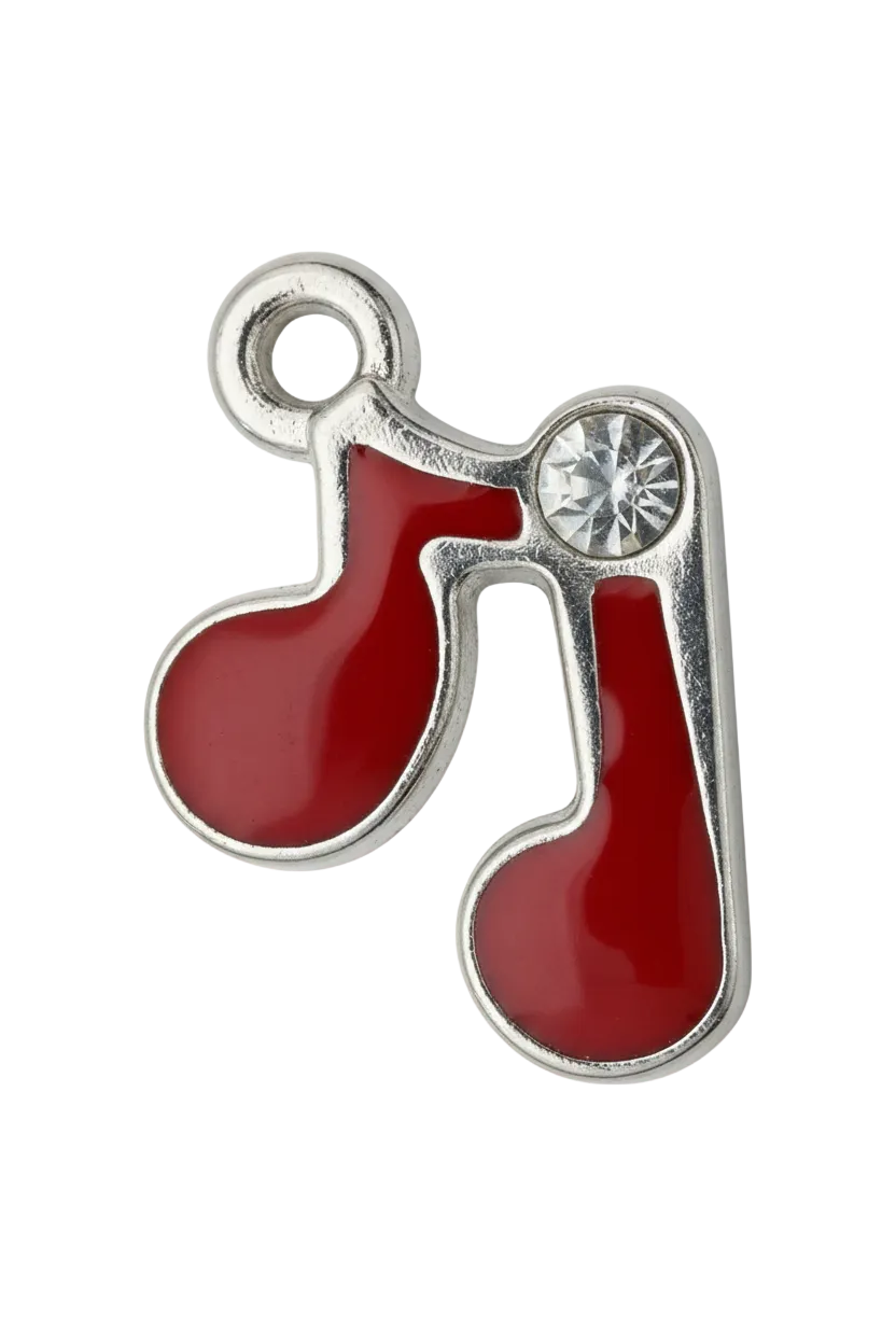 Red enamel baby stroller charm in silver finish with a clear crystal wheel accent